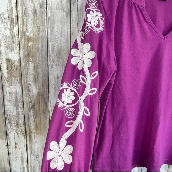 Talbots Purple Embroidered Floral Split Neck Tee - Picture 4 of 5